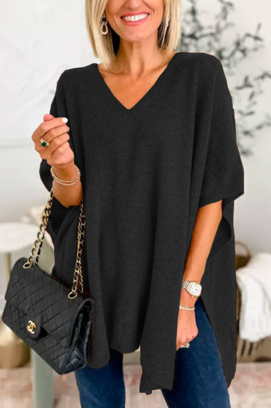 10 Colors V Neck Loose Fit Poncho Sweater
