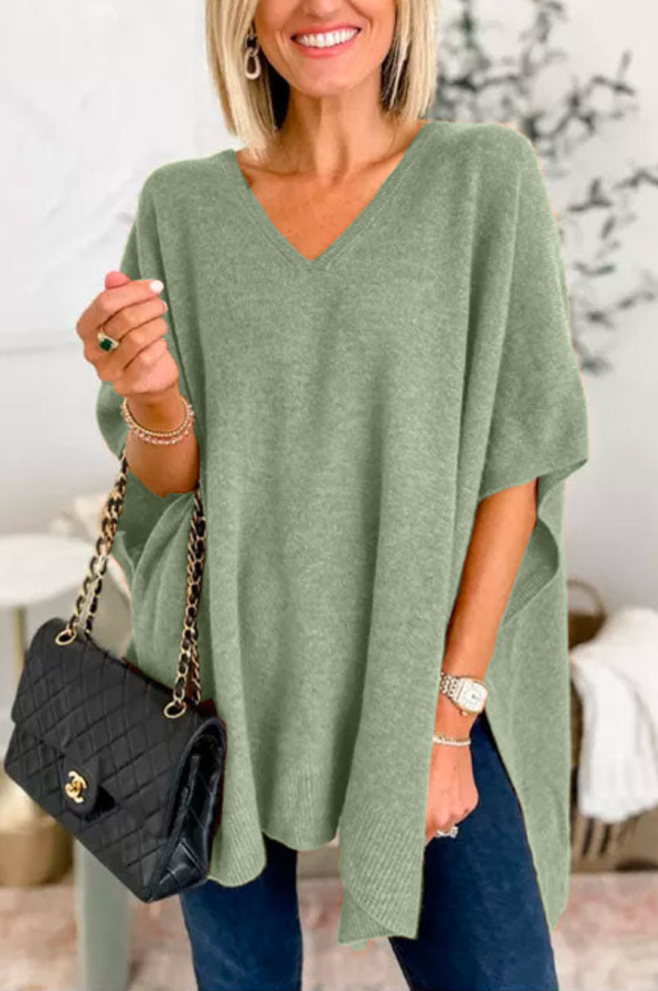 10 Colors V Neck Loose Fit Poncho Sweater