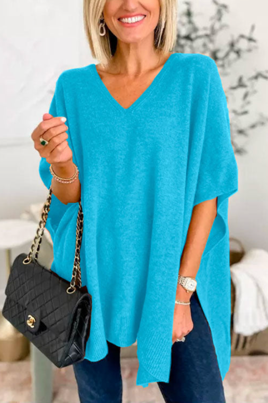 10 Colors V Neck Loose Fit Poncho Sweater