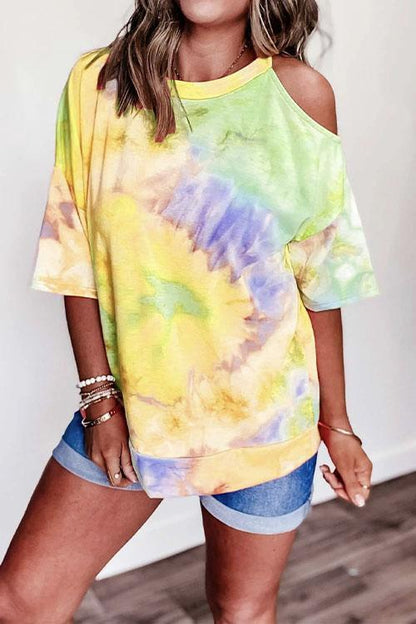Moxidress Cold Shoulder Short Sleeve Tie Dye T-shirt