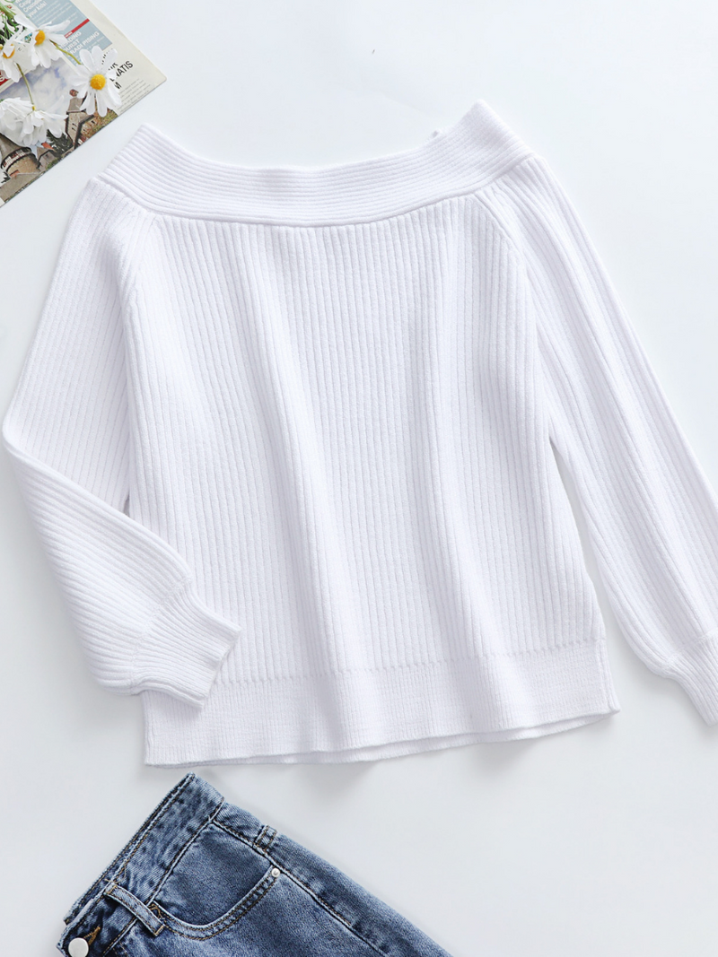 | White Bell-sleeve Off-shoulder Knit Sweater