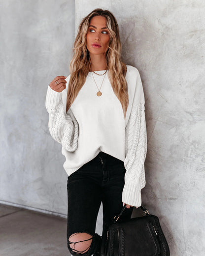 Braided Sleeve Knit Sweater - White