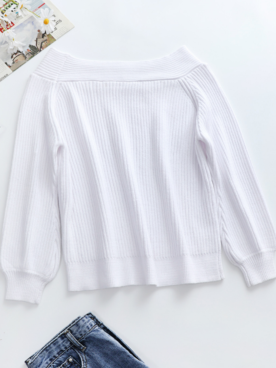 | White Bell-sleeve Off-shoulder Knit Sweater