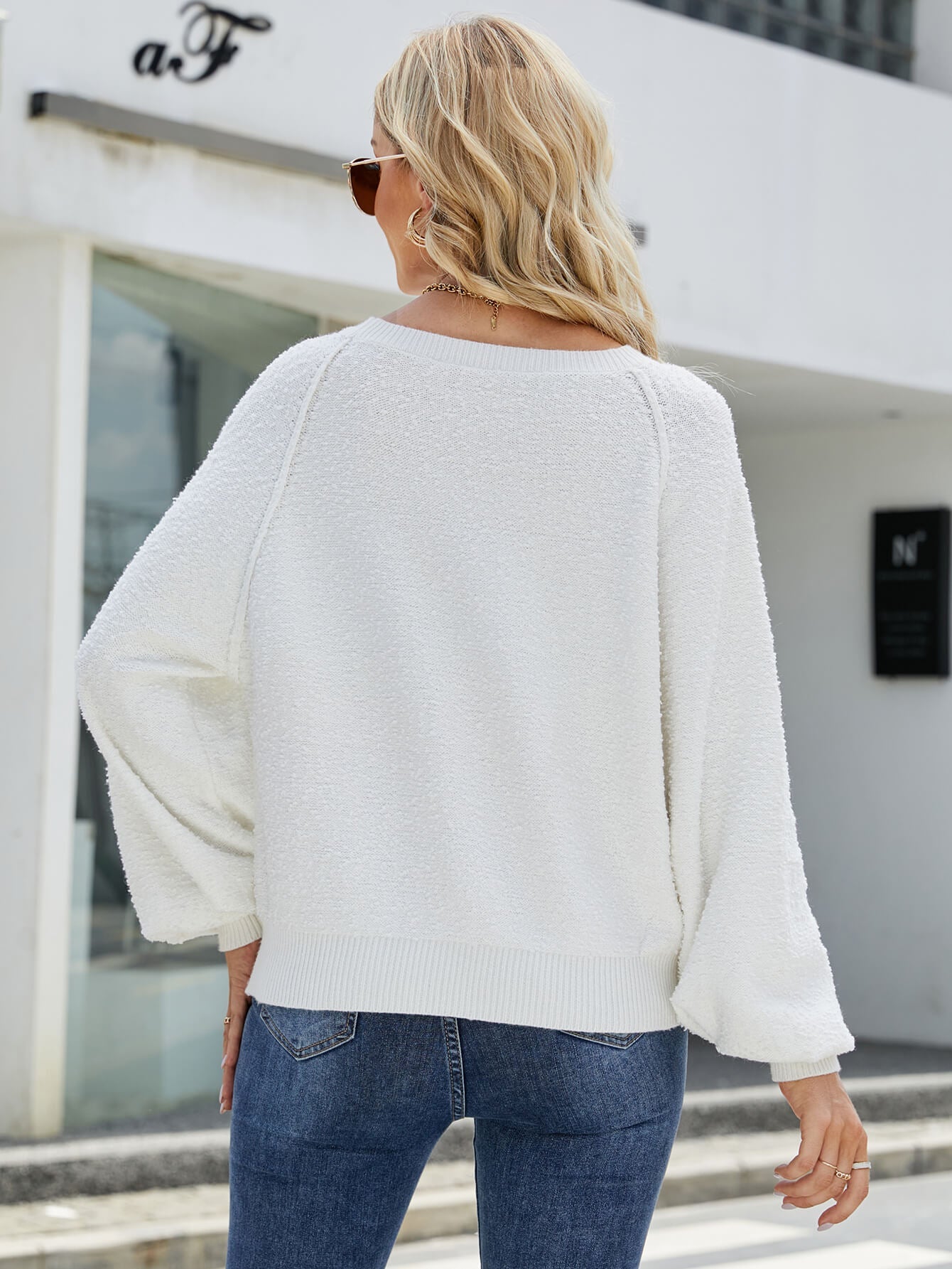 Fuzzy Balloon Sleeve Knit Sweater - White