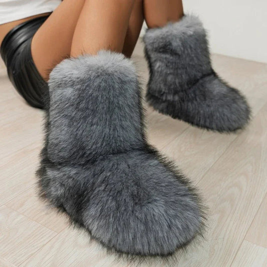Winter Fuzzy Boots Furry Shoes Fluffy Fur Snow Boots Plush Lining Slip-on Rubber Flat Outdoor Bowtie Warm Footwear
