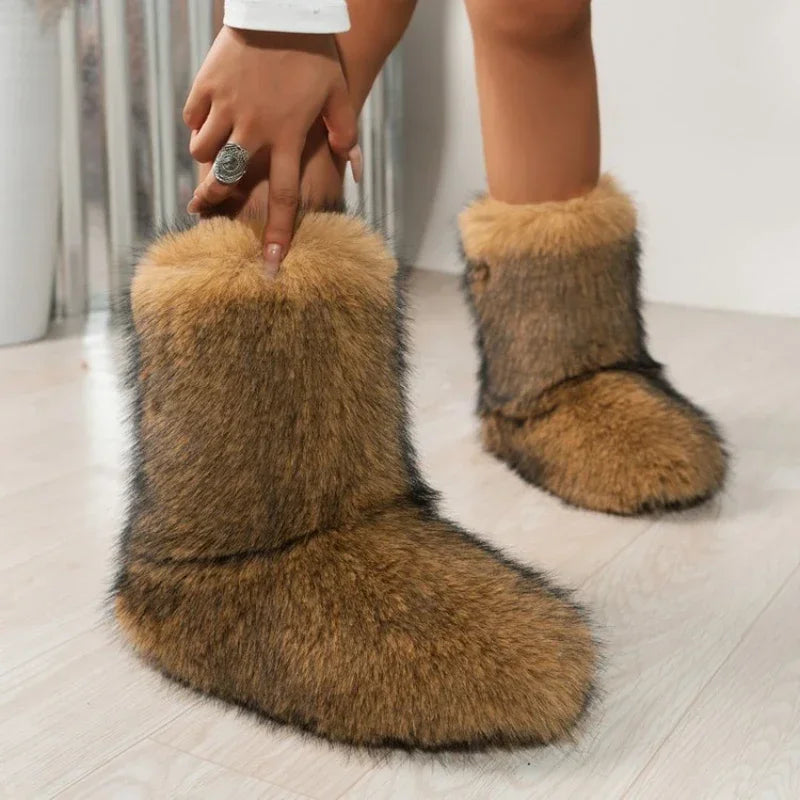Winter Fuzzy Boots Furry Shoes Fluffy Fur Snow Boots Plush Lining Slip-on Rubber Flat Outdoor Bowtie Warm Footwear