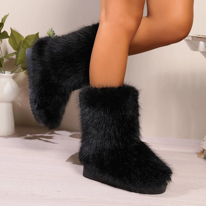 Winter Fuzzy Boots Furry Shoes Fluffy Fur Snow Boots Plush Lining Slip-on Rubber Flat Outdoor Bowtie Warm Footwear