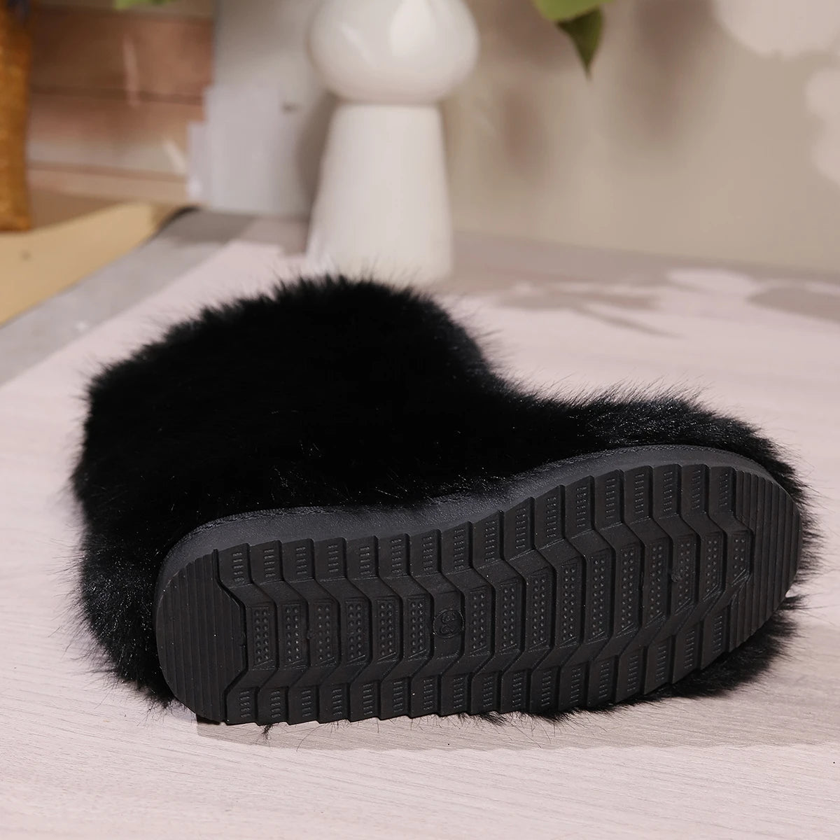 Winter Fuzzy Boots Furry Shoes Fluffy Fur Snow Boots Plush Lining Slip-on Rubber Flat Outdoor Bowtie Warm Footwear