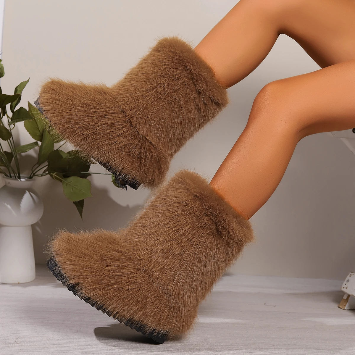 Winter Fuzzy Boots Furry Shoes Fluffy Fur Snow Boots Plush Lining Slip-on Rubber Flat Outdoor Bowtie Warm Footwear