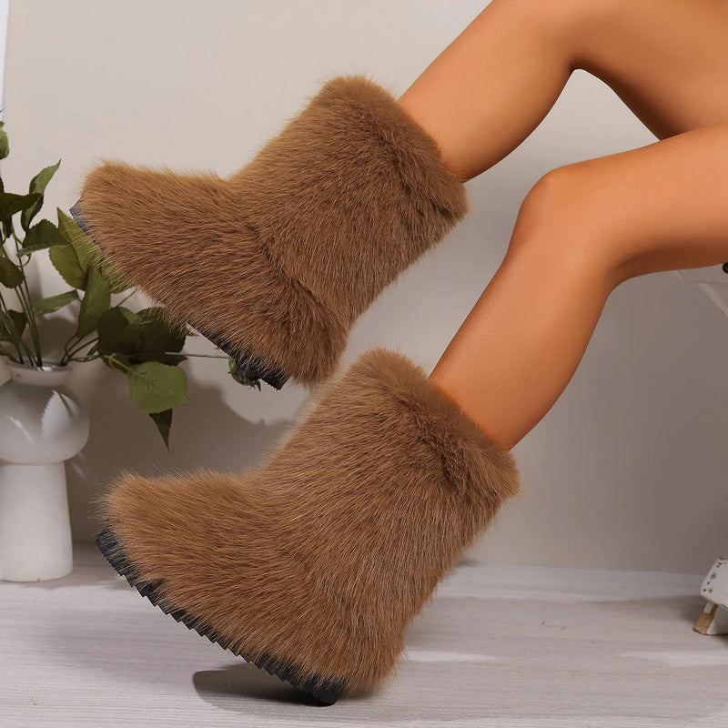 Winter Fuzzy Boots Furry Shoes Fluffy Fur Snow Boots Plush Lining Slip-on Rubber Flat Outdoor Bowtie Warm Footwear