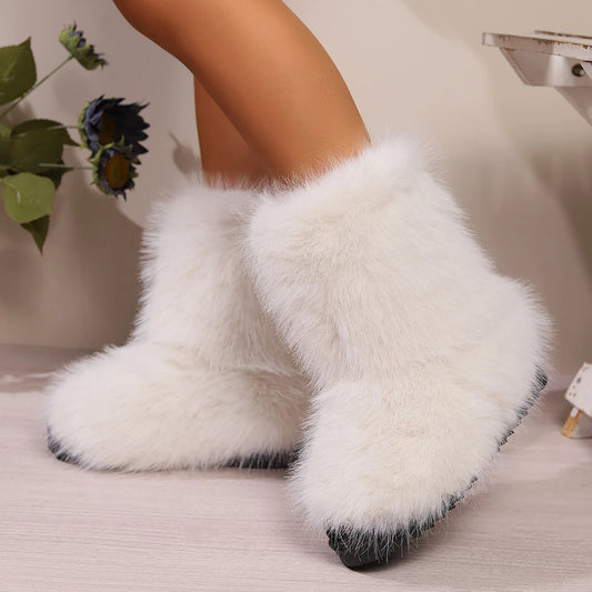 Winter Fuzzy Boots Furry Shoes Fluffy Fur Snow Boots Plush Lining Slip-on Rubber Flat Outdoor Bowtie Warm Footwear