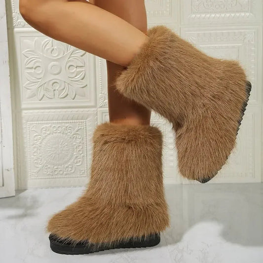 Fluffy Faux Fox Fur Plush Warm Furry Outdoor Snow Boot
