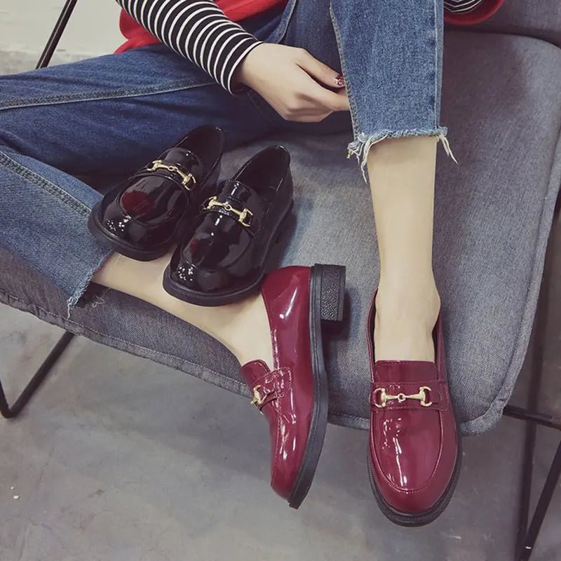 British Style Retro Patent Leather Buckle Hedging Flats Loafers