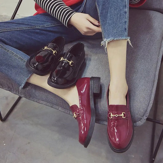 British Style Retro Patent Leather Buckle Hedging Flats Loafers
