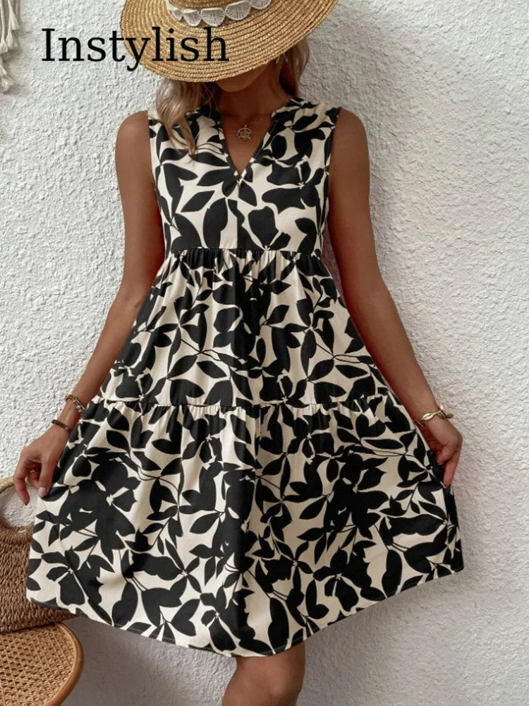 Print Mini Sleeveless Ruffle a Line Tank Beach Midi Dresses