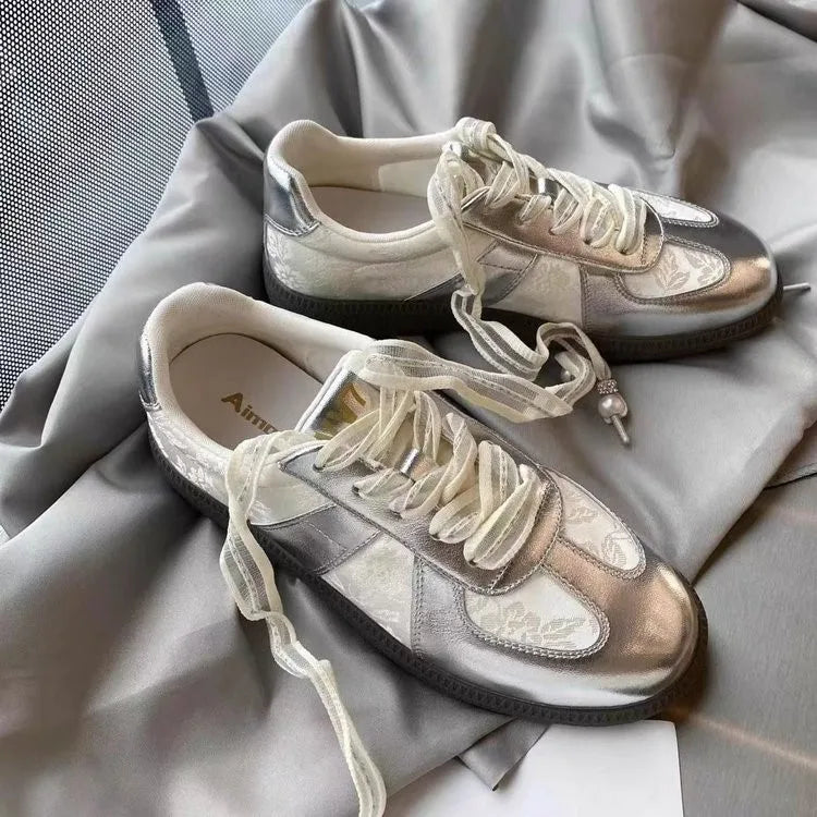 Jogging Youth Silver Lace-up Athletic Low Heels Tennis Flats Skateboard