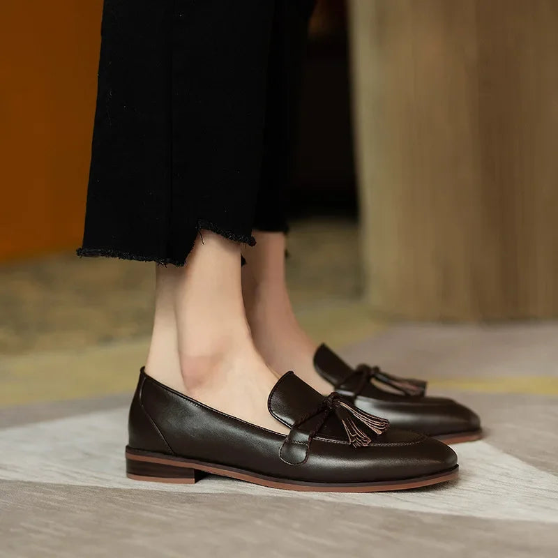Patent Leather Bowknot Low Heel British Tassel Flats Loafers