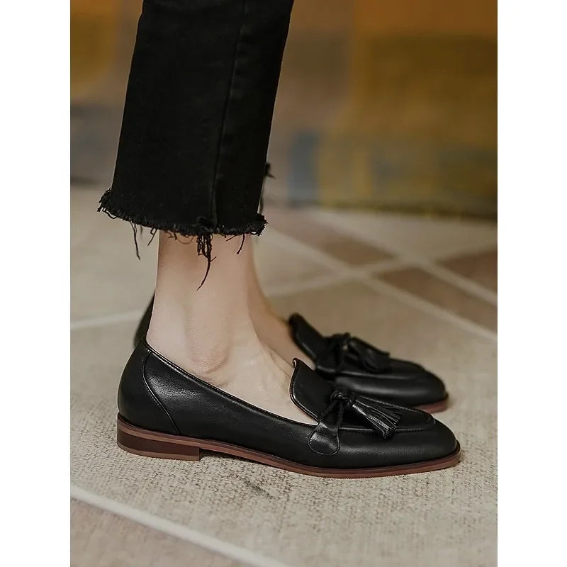 Patent Leather Bowknot Low Heel British Tassel Flats Loafers