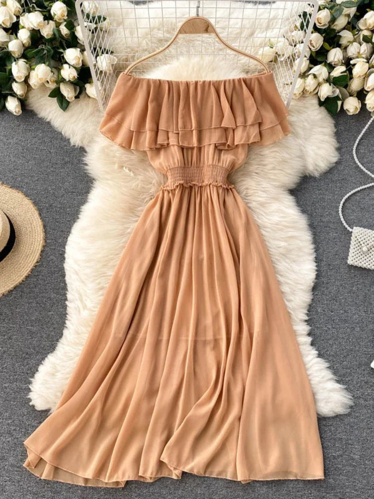 Chiffon Beach Dress Double Layer Ruffled Off the Shoulder Dresses Sweet Slash Neck Long Dress