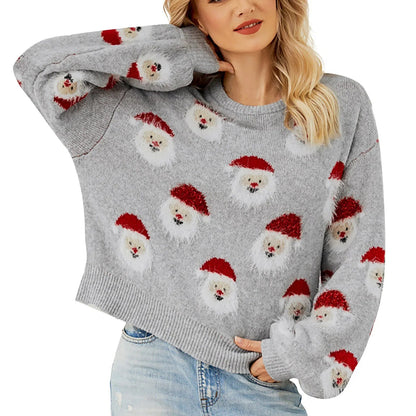 Santa Head Pattern Winter Fleece Crewneck Christmas Sweater