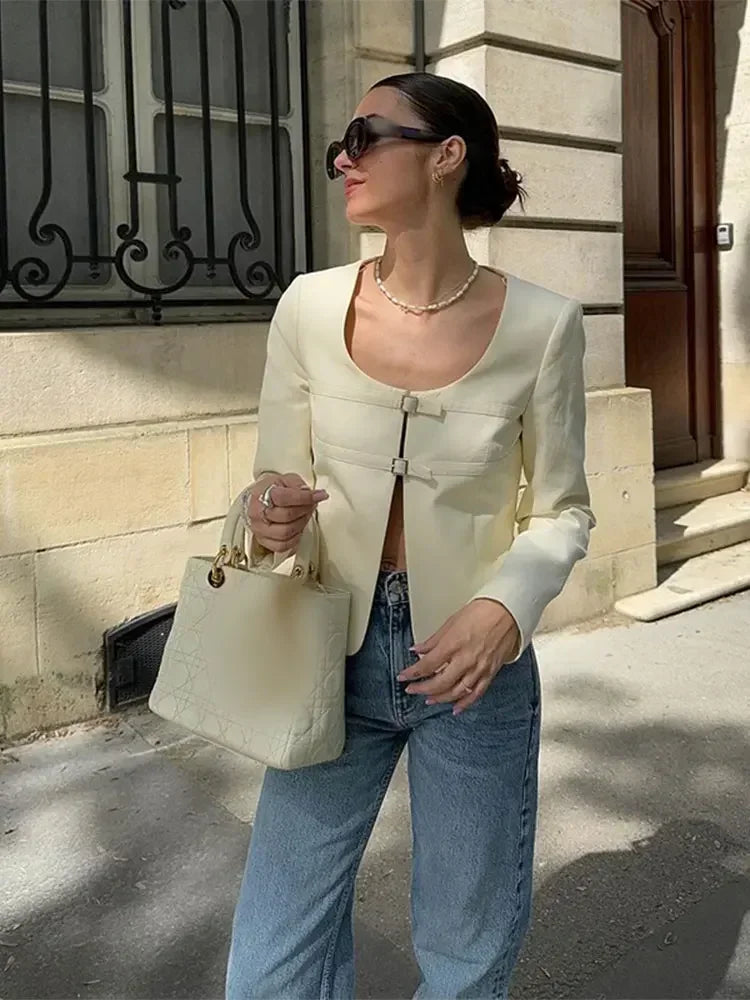 Single-breasted Short U-neck Long Sleeve Slim Coat