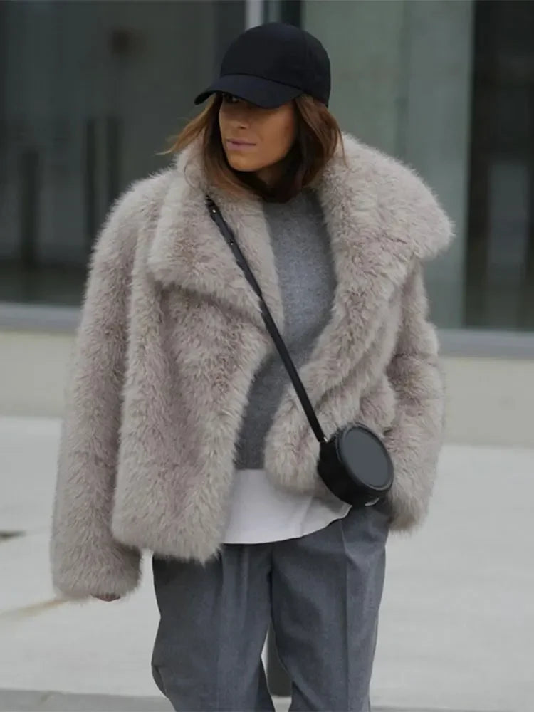 Faux Fur Lapel Warm Long Sleeve Crop Oversized Coat