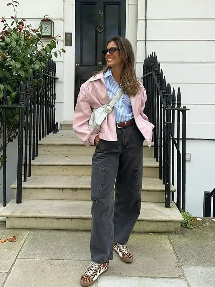 Pink Big Lapel Faux Zipper Long Sleeve Lady Coat