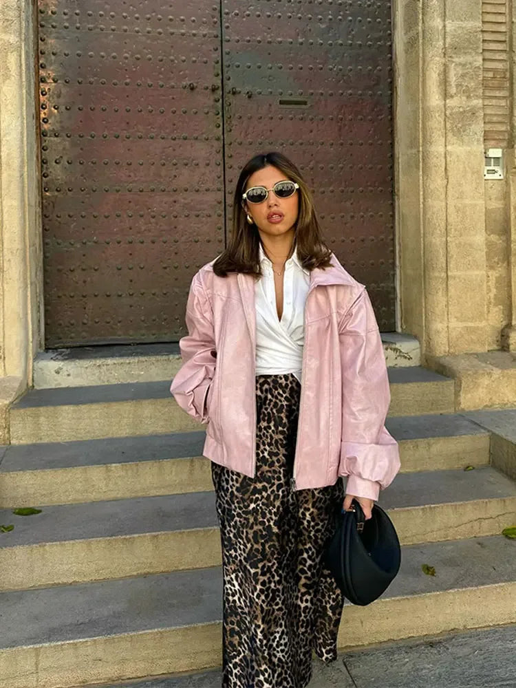 Pink Big Lapel Faux Zipper Long Sleeve Lady Coat