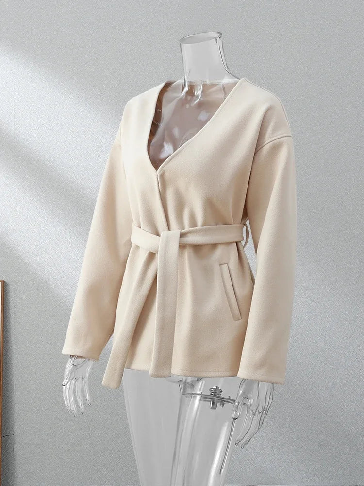Midi Belt V Neck Thick Warm Long Sleeve Coat