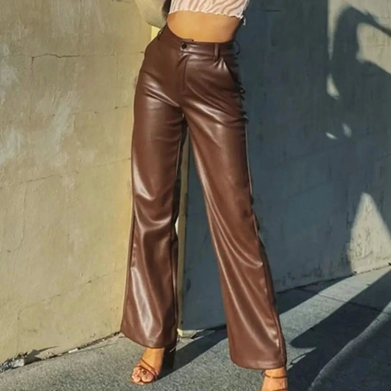 High Waist Color Retro Slim Fit Straight Wide Leg Faux Leather Pants