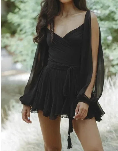V Neck Hollow Out Lantern Sleeve Mini Dress - Color - Christmas Party Dress