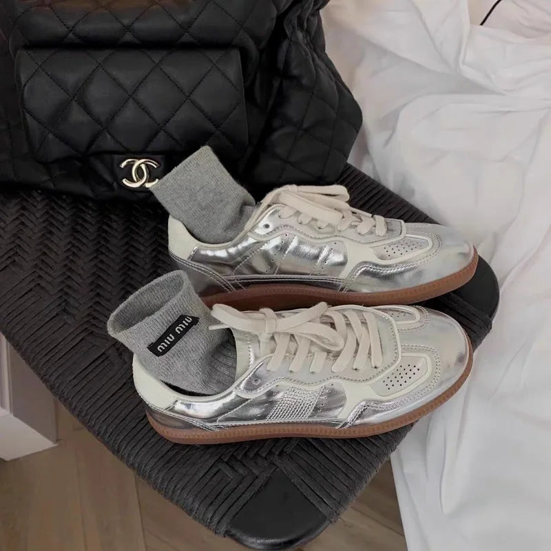 Jogging Flats Metallic Silver Lace Up Tennis Breathable Skateboard