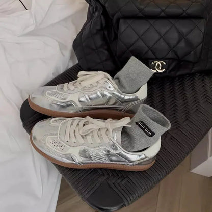 Jogging Flats Metallic Silver Lace Up Tennis Breathable Skateboard