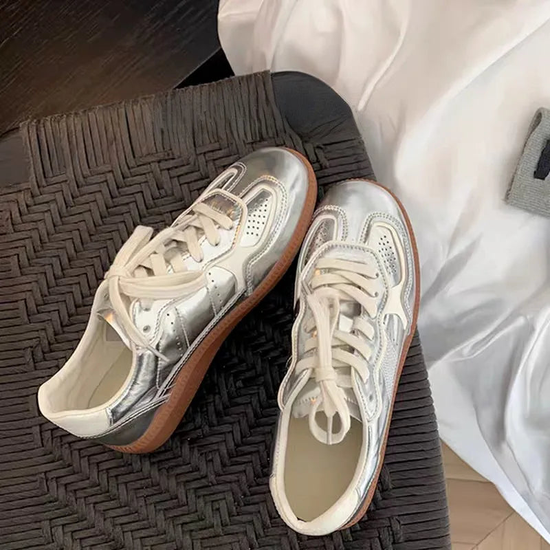 Jogging Sneakers Flats Walking Shoes Metallic Silver Lace Up Elastic Tennis Athletic Trainers Breathable