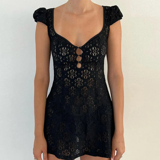 Lace Ruffle Backless Mini Dress