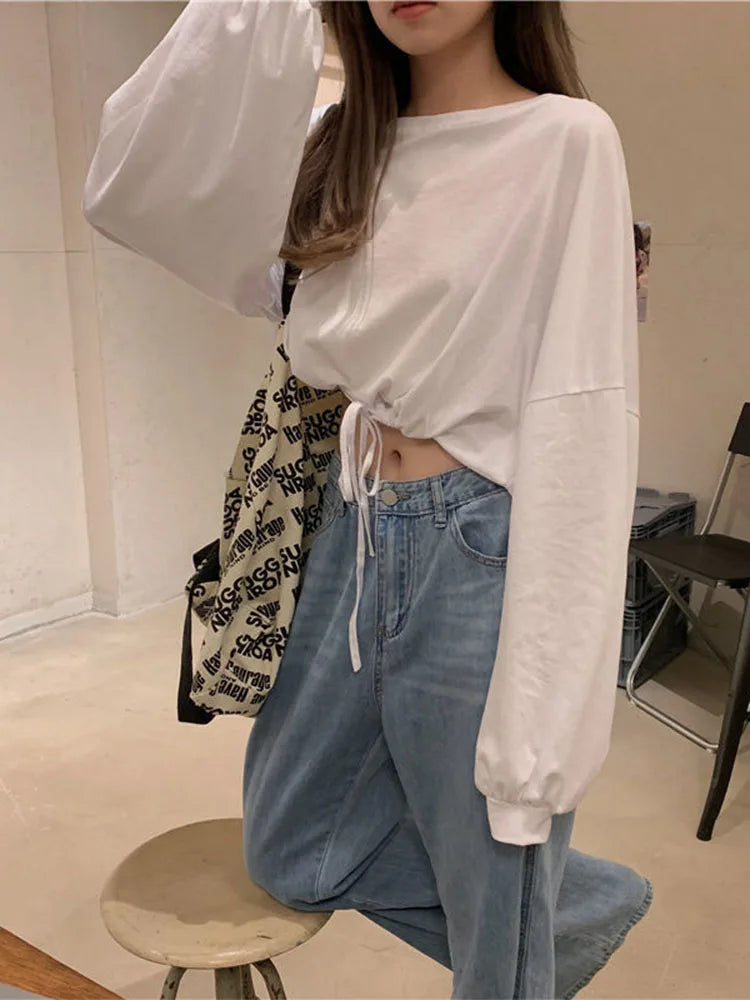 Long Sleeve T-shirts Crop Top Soft Daily Loose Slouchy Drawstring Hem O-neck Basic Femme Tees