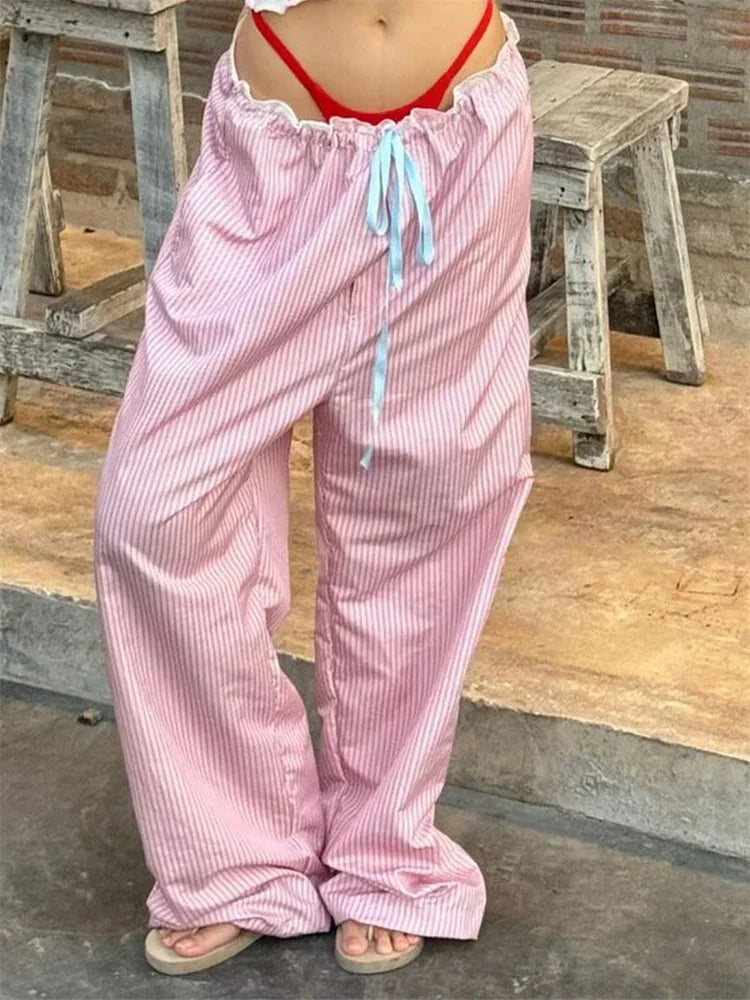 Stripe Drawstring Wide Leg Sweatpant Pant