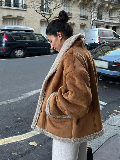 New Lamb Wool Thick Autumn Winter Lapel Buttons Warm Coat