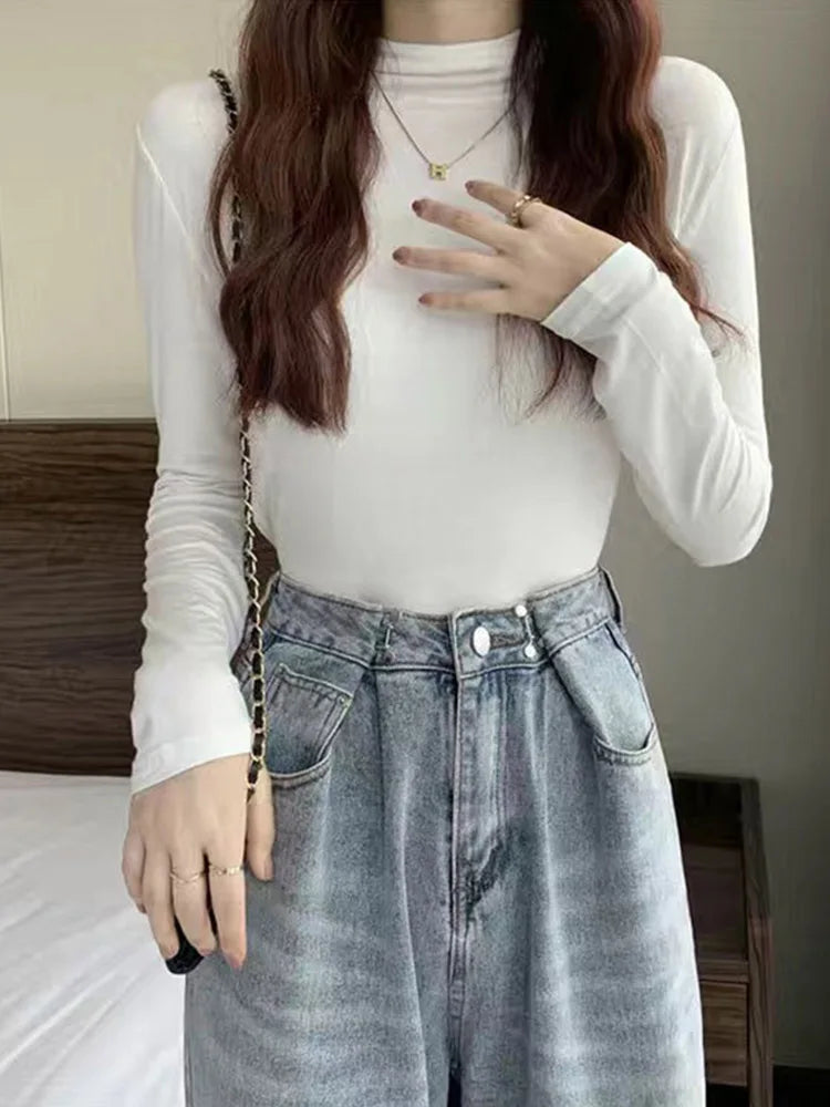 Pullover Turtleneck Sweater Autumn Long Sleeve Slim Korean Simple Basic Color Tops Jumper T Shirt