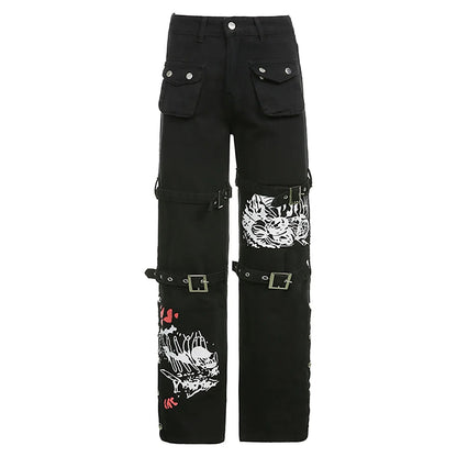 Gothic Retro Washed Print Low-rise Cool Loop Hip Hop Wide-leg Street Pants