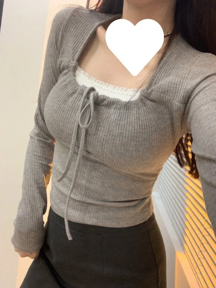 Bodycon T-shirts Autunmn Long Sleeve O-neck Crop Top Sheath T-shirts Spring Tops Korean