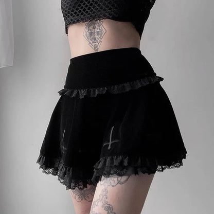 Summer Embroidery Black Gothic Stylish Lace Trim Skirt