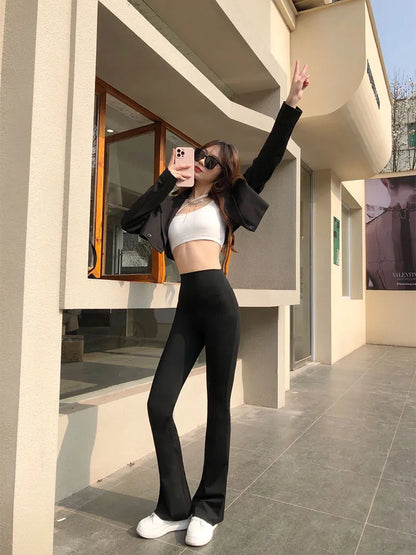 Shark Flared Pants Black Elastic Slim High Waist Horseshoe Pants Micro Flare Trousers