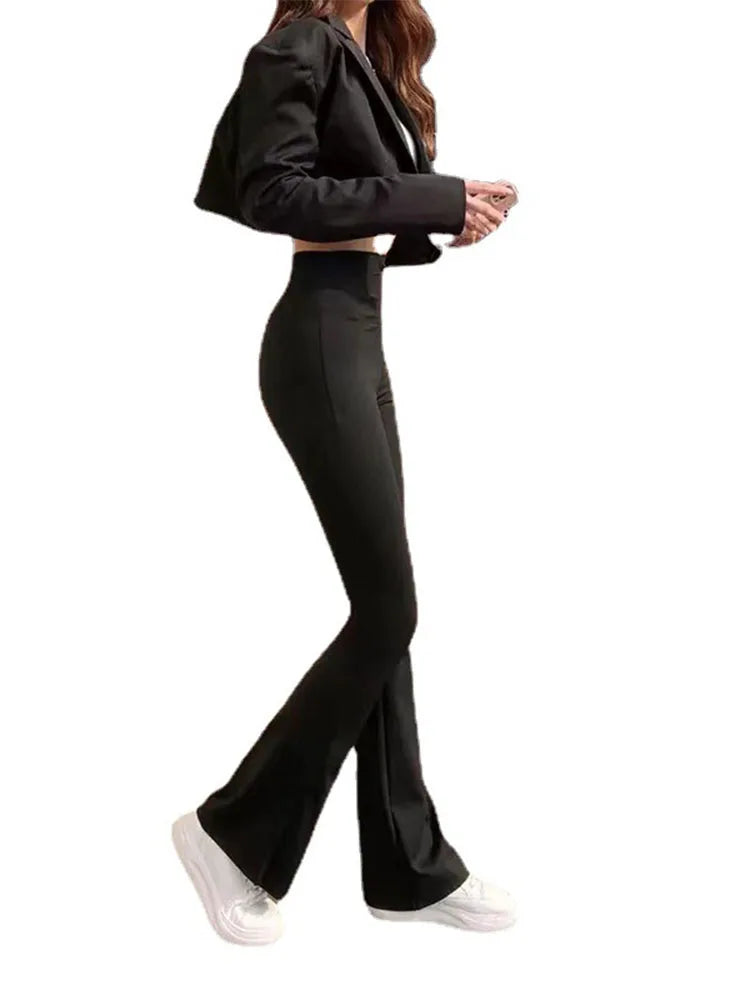 Shark Flared Pants Black Elastic Slim High Waist Horseshoe Pants Micro Flare Trousers