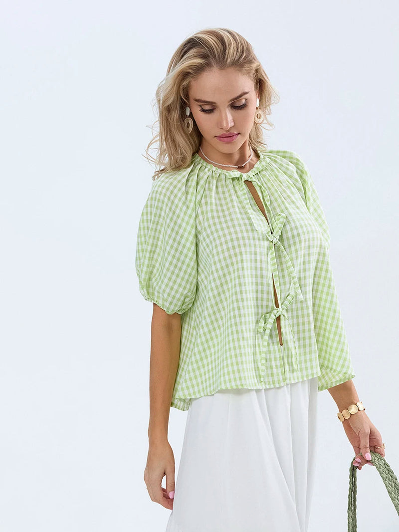 Plaid Tie-up Blouse