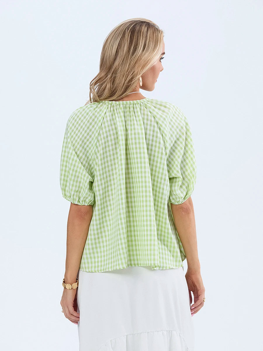 Plaid Tie-up Blouse