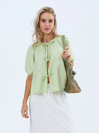 Plaid Tie-up Blouse