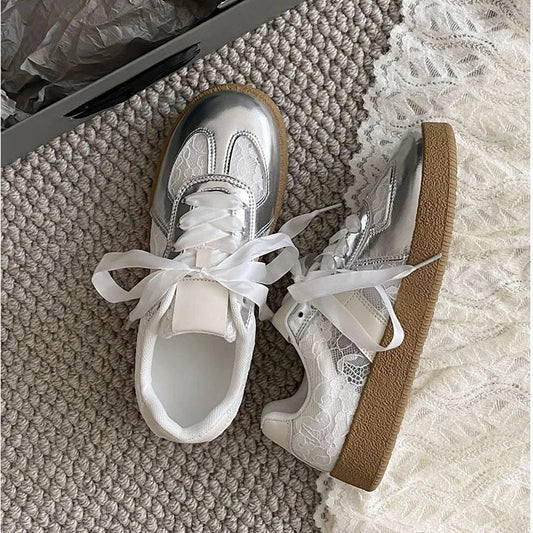 Soft Leather + Lace Mesh Walking Shoes Breathable Sneaker New Lace Up Non-slip Flat Sports Jogging Running Trainers