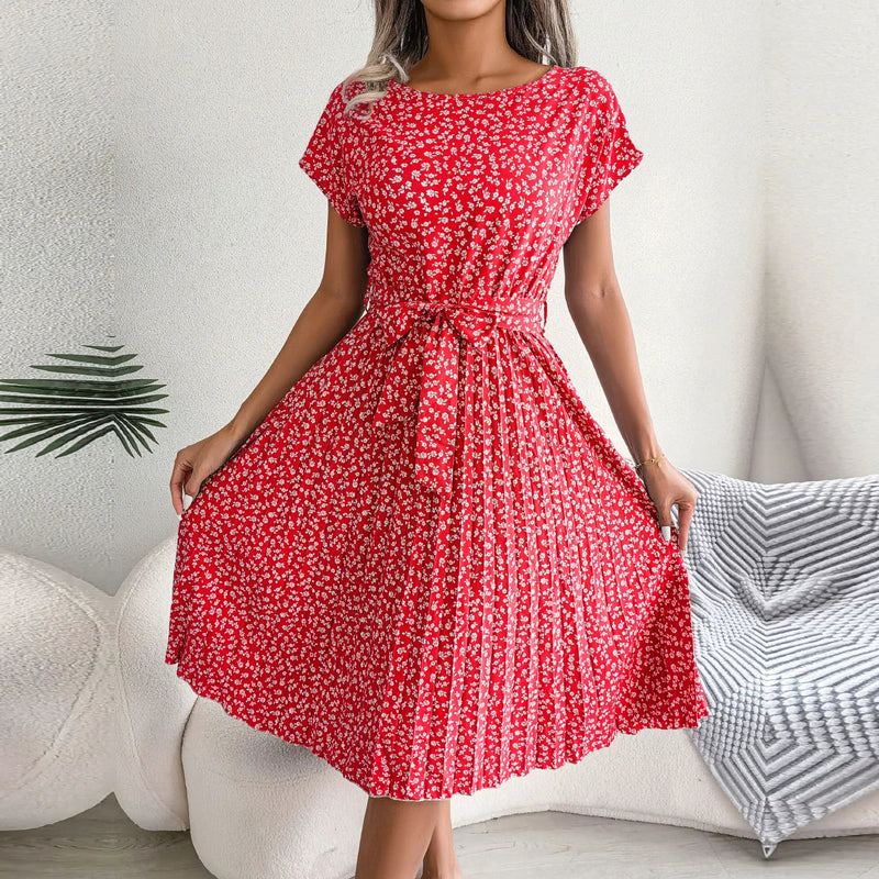 Spring Short Waist Pleated a Line Long Midi Dresses