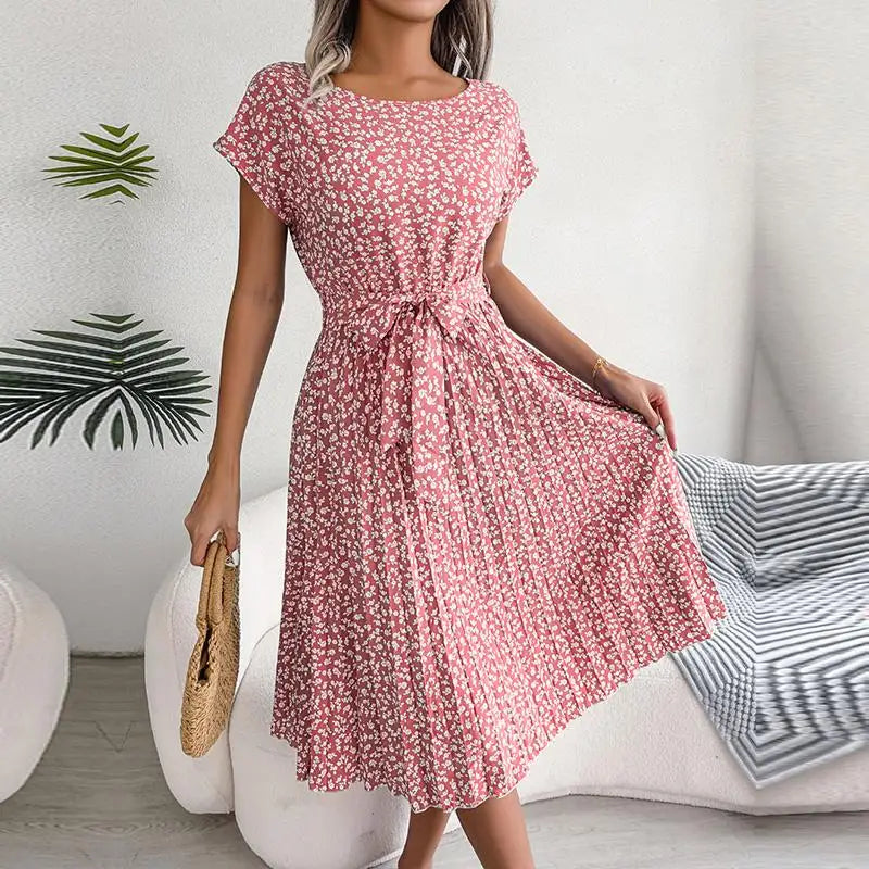 Spring Short Waist Pleated a Line Long Midi Dresses